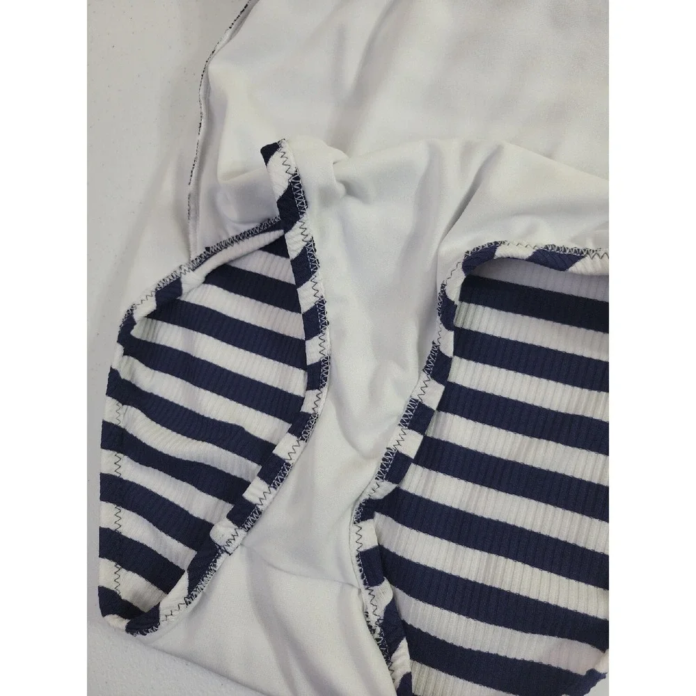 Kona Sol One Piece Swimsuit Nautical Striped Coastal Preppy Navy White Medum